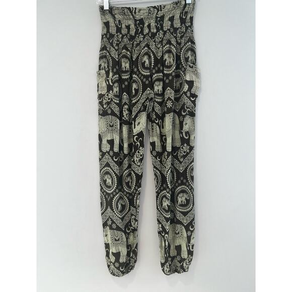 Boho Festival Pants Elephants Flowy Pockets Green Small - Picture 1 of 3